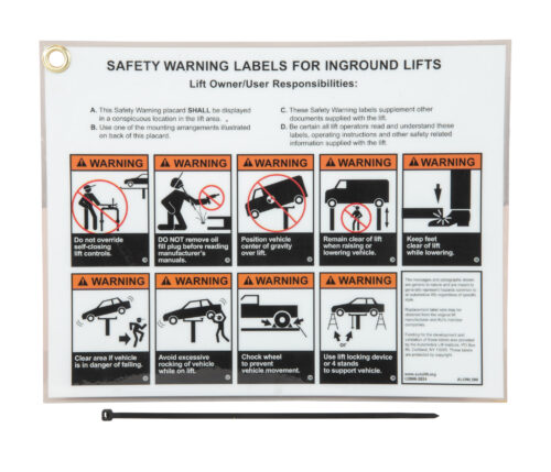 Front of ALI/WL -500 Placard for Rotary Lifts (SVI part number BH-7529-23 and OEM reference number NP370).