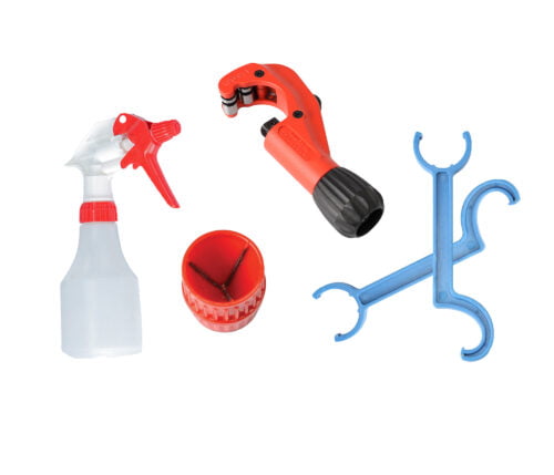 3” tool set includes spanners, deburr tool, cutter, and spray bottle.
