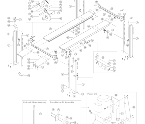 Parts breakdown for BendPak HD-9XW above ground, surface mount, 4-post lifts.