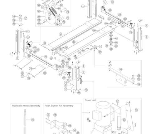 Parts breakdown for BendPak HDS-35X above ground, surface mount, 4-post lifts.
