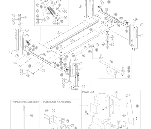 Parts breakdown for BendPak HDS-35 above ground, surface mount, 4-post lifts.
