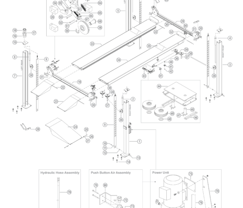 Parts breakdown for BendPak HD-7W Parking above ground, surface mount, 4-post lifts.