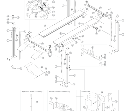 Parts breakdown for BendPak HD-9XL Parking above ground, surface mount, 4-post lifts.